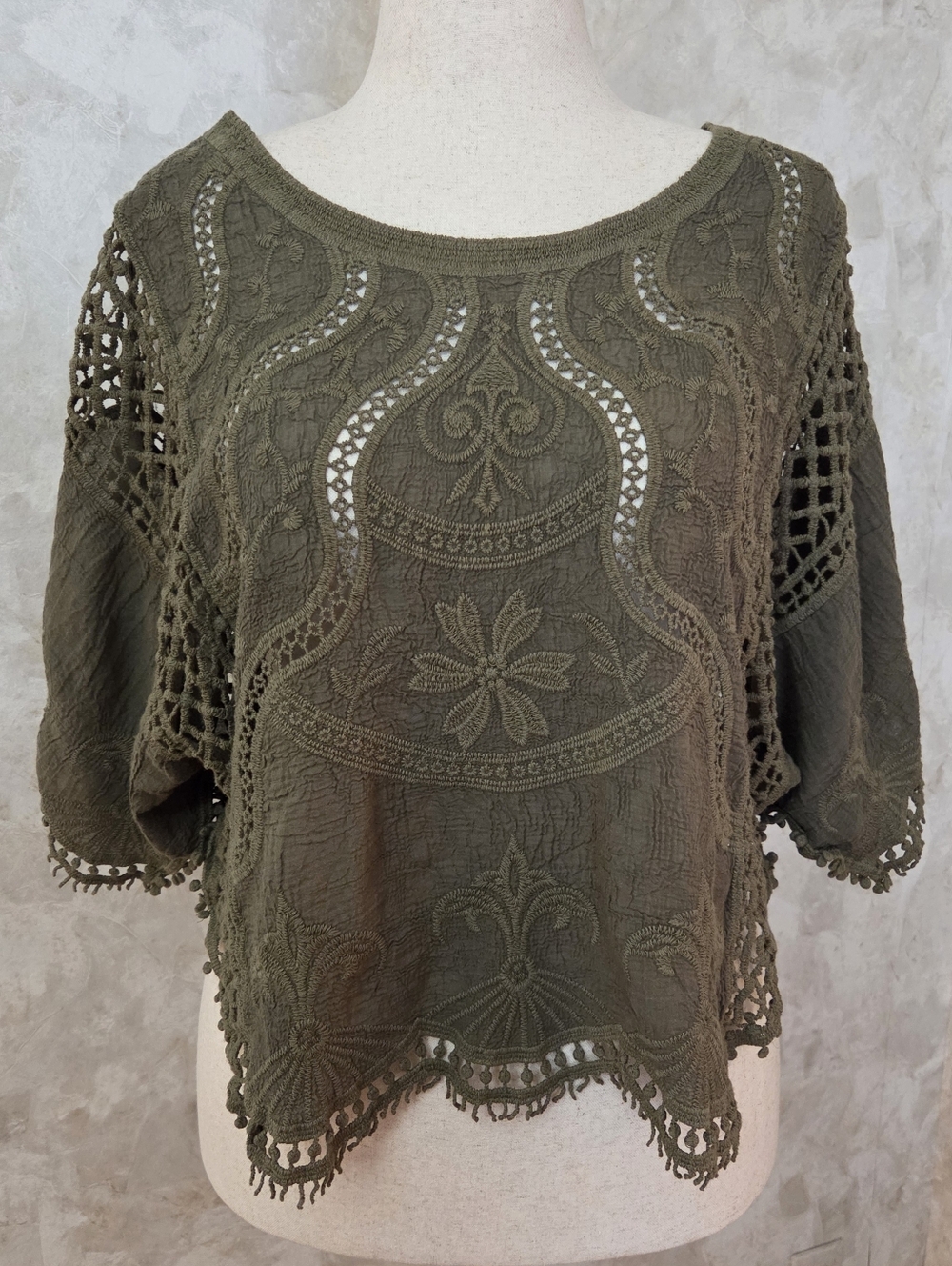 Ultra Pink Olive Green Embroidered Crochet Top | Boho Lace Cutwork Blouse - Picture 2 of 7